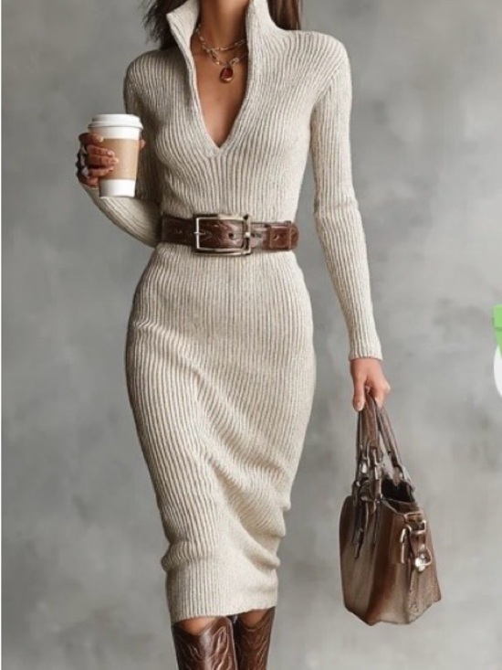 modesees Dresses & Skirts - Modesees Cream Ribbed Knit Maxi Dress with Collar